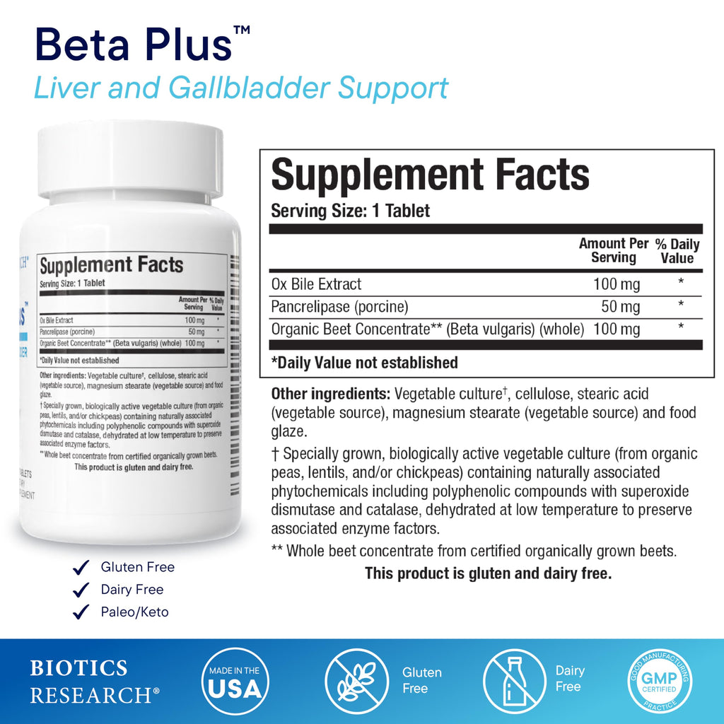 Biotics Research Beta-Plus™ Nutritional Ox Bile Salts Digestive Enzymes Supplement for Bile Production for No Gallbladder-Supports Overall Liver Function, Aids Fat Digestion, Supplies Betaine 90 Tabs