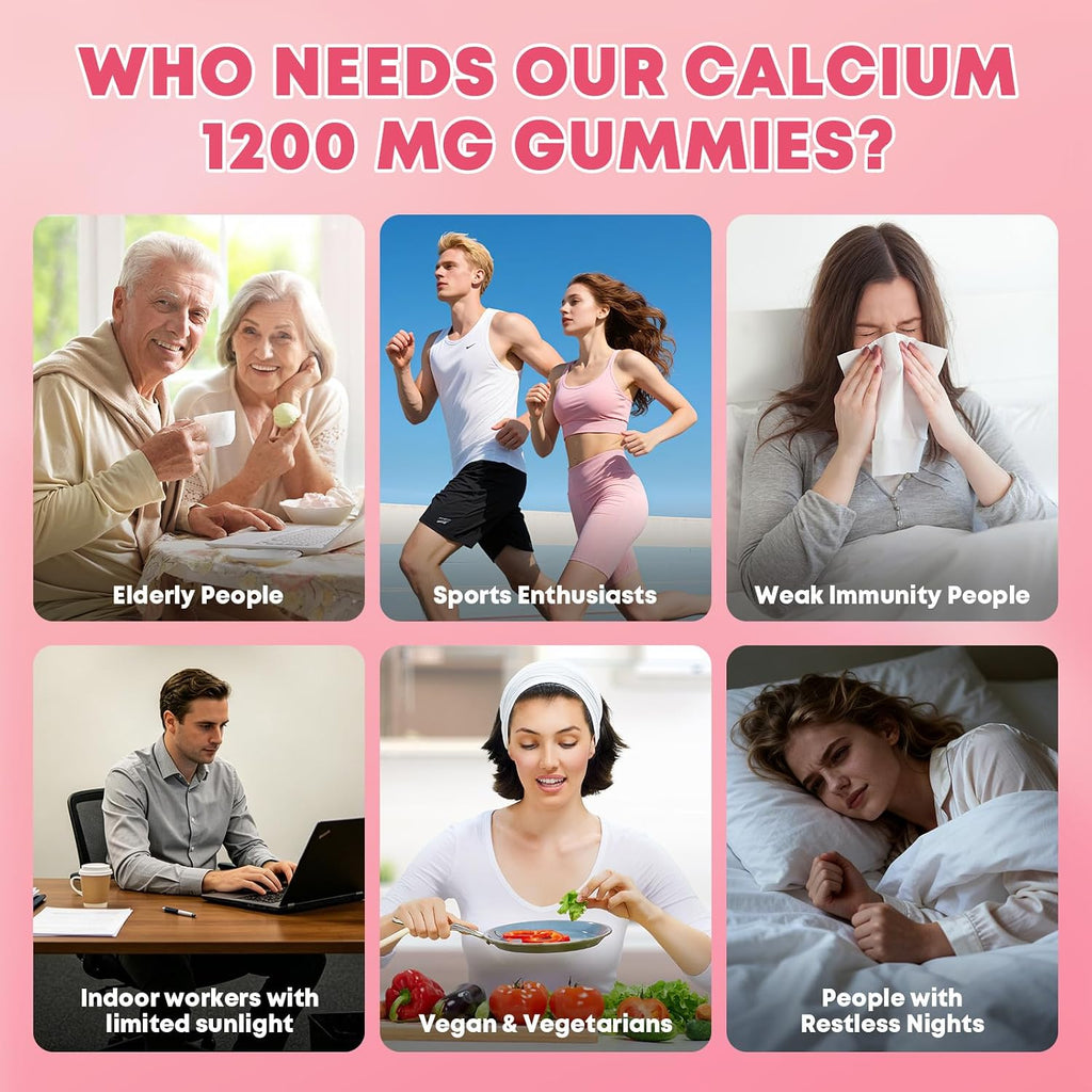 Calcium Citrate Gummies 1200 mg with Vitamin D3, K2 for Bone, Muscle & Immune Support, High Absorption Chewable Calcium Supplements for Women & Men, Sugar Free, Vegan, Peach Flavor, 60 Chews