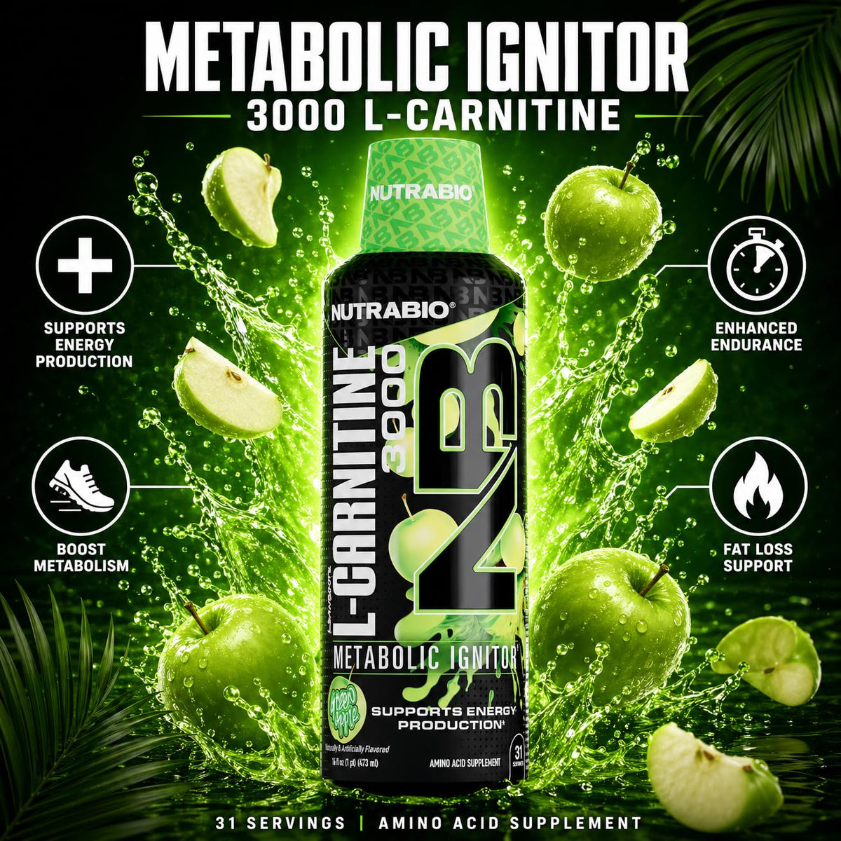 NutraBio – L-Carnitine Liquid Shots – 3000mg, (Green Apple) – 10mg of Vitamin B-5 – Zero Carbs & Sugars – Energy Production – Muscle Recovery
