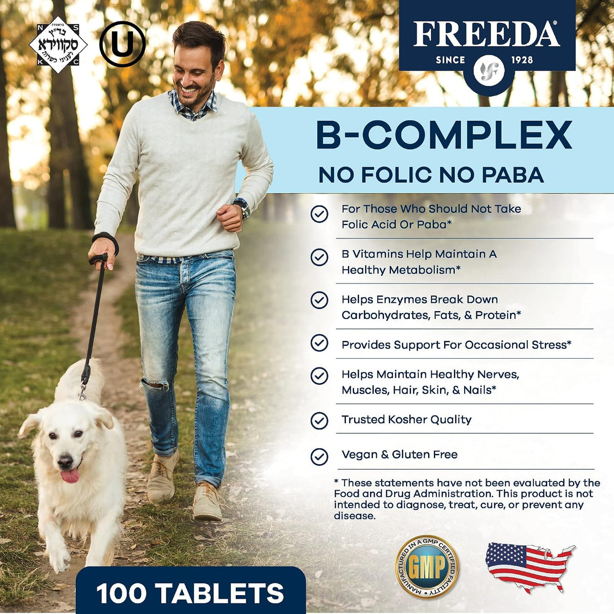 FREEDA Super B-Complex Vitamin Supplement – No Folic Acid or PABA, 100ct | Supports Energy, Metabolism, & Cellular Function – Balanced B Vitamins for Men & Women – Kosher, Vegan, Gluten-Free, USA Made