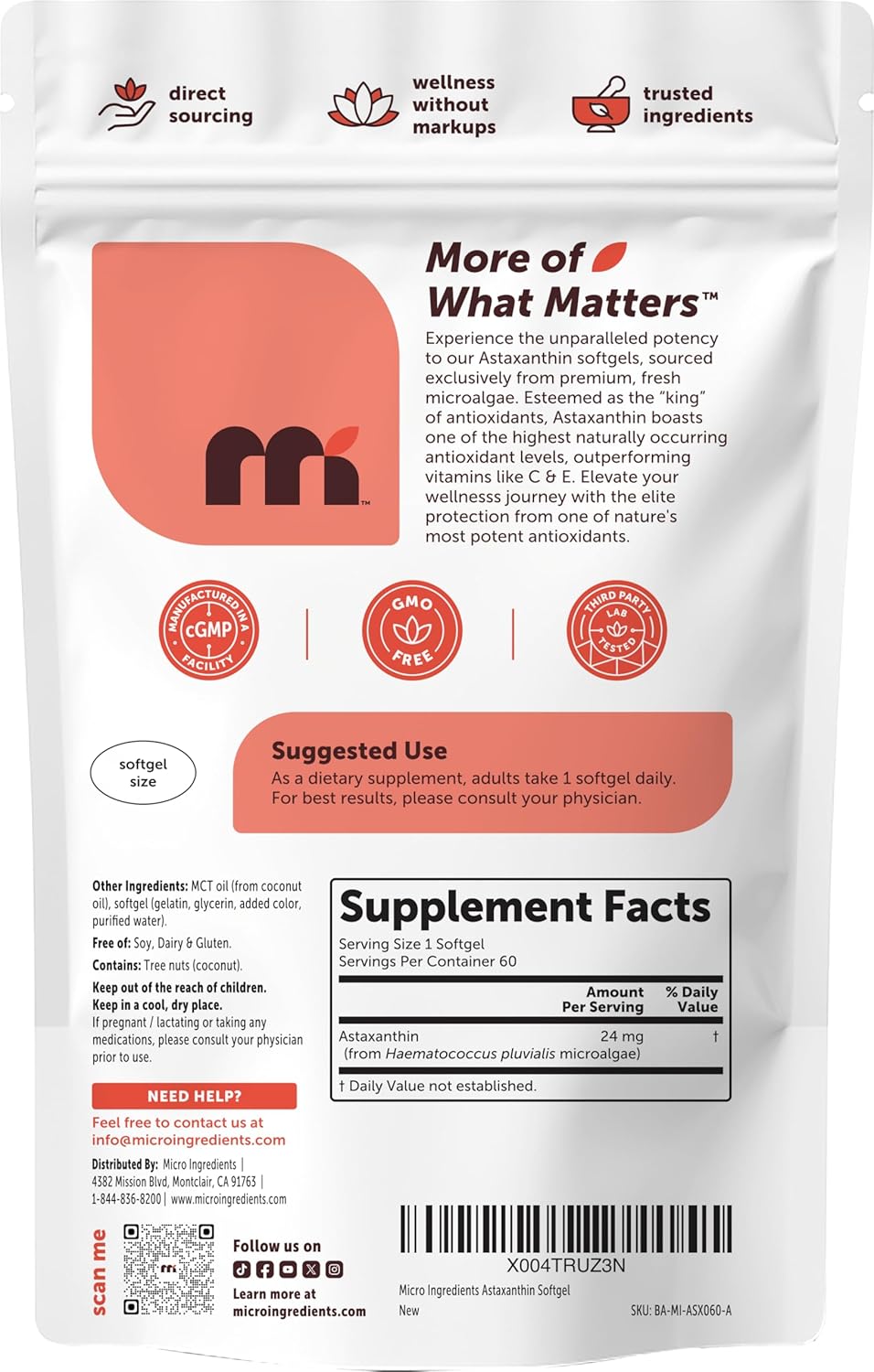 Micro Ingredients Astaxanthin 24mg Per Serving with MCT Oil, 60 Softgels | 2 Month Supply. Natural Microalgae Sourced Astaxanthin Supplement. Easy-to-Swallow. Non-GMO, Gluten Free, Soy Free.