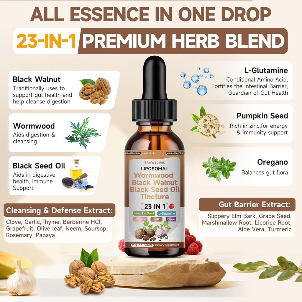 Wormwood Black Walnut Clove Cleanse Drops with Black Seed Oil, Pumpkin Seed, Oregano, Soursop, Neem, Berberine, Garlic, Rapid Gut Detox, Digestive & Gut Barrier Health, 23-in-1 with Liposomal, 2FL