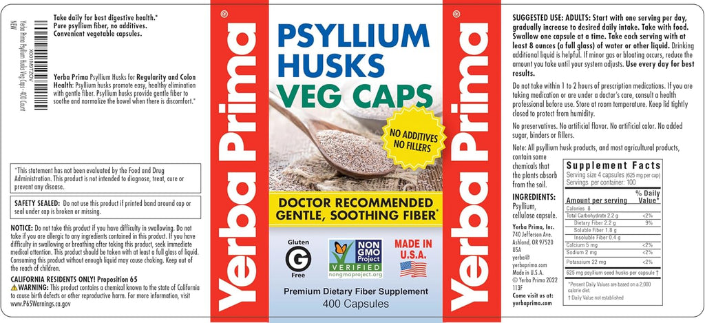 Yerba Prima Psyllium Husks Veg Caps, 400 Capsules (625mg) - Vegan, Non-GMO, Gluten Free, Colon Cleanser, Daily Fiber Supplement for Gut Health & Regularity