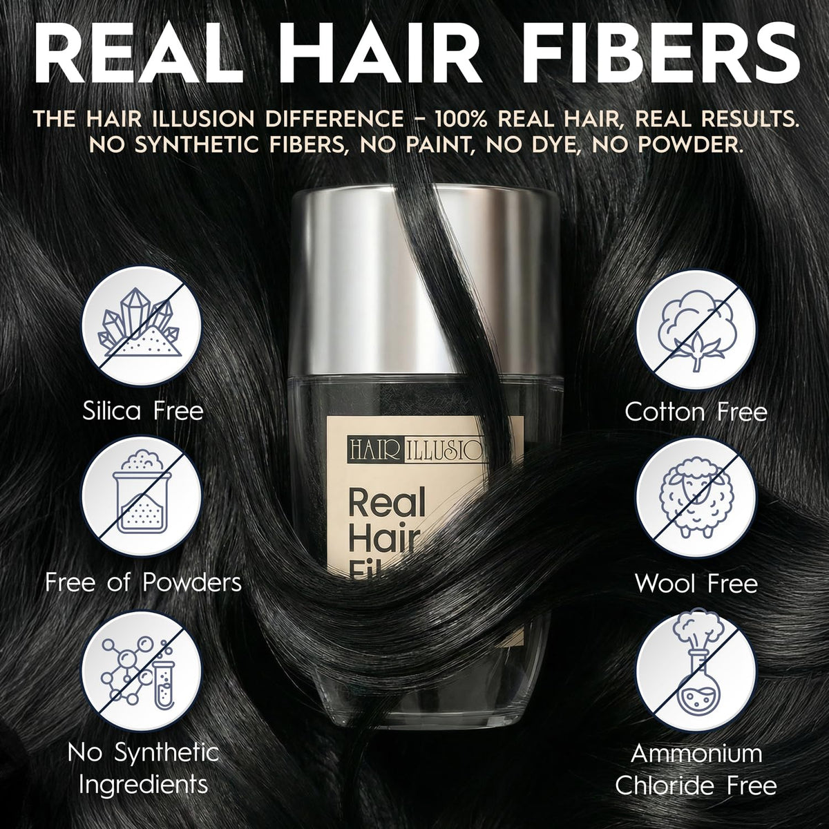 Hair Illusion 100% Natural Human Hair Fibers Not Synthetic for Men and Women, Premium Hair Building Formulation, Large, 38 g Bottle, Jet Black