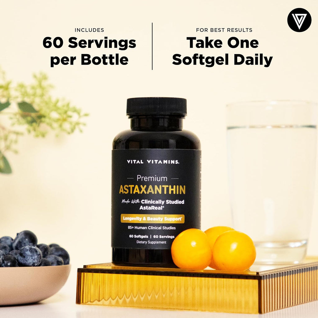Vital Vitamins Astaxanthin 12mg Softgels for Skin Hydration & Elasticity | Natural Astaxanthin from Microalgae, Antioxidant Protection for Skin, Eyes & Exercise Recovery, Vegan, 60 Softgels