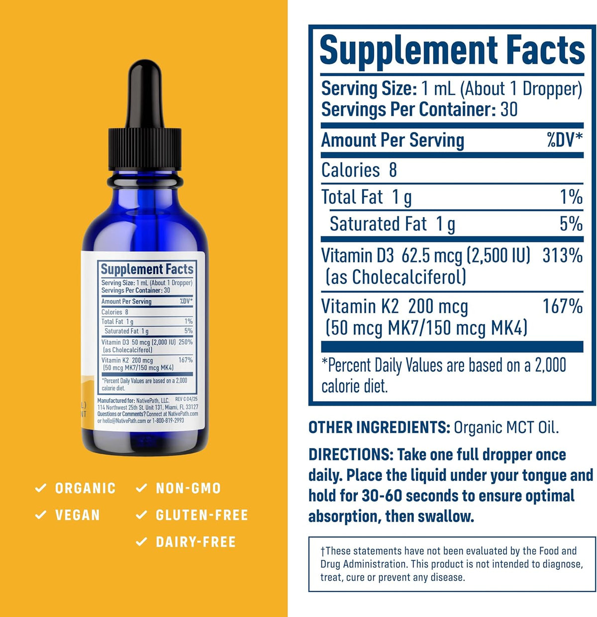 NativePath D3K2 Tincture – 2000IU Vitamin D3 and Vitamin K2 Supplement with Organic MCT Oil – 1 Fluid Ounce – Rapid Bioavailability Multi-Vitamin for Bone Strength and Total Body Wellness, 30 Servings