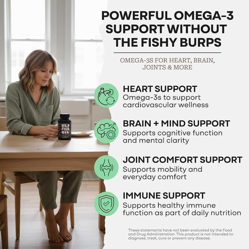 Wild Foods Fish Oil Omega 3 Supplements | 1600 mg | Highly-Potent: DPA, DHA, EPA | Burpless, Odorless, Non-GMO, Gluten Free | For Brain & Heart Health, Joint Support | 60 Capsules (1 pk) | 30 Servings