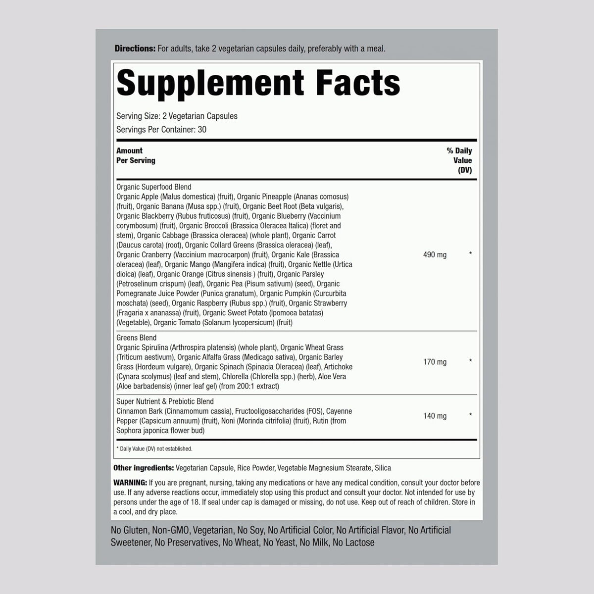 Piping Rock Fruits and Veggies Supplement | 60 Capsules | Superfood Vitamins | with Antioxidant Formula and Prebiotic Blend | Vegan, Non-GMO, Gluten Free