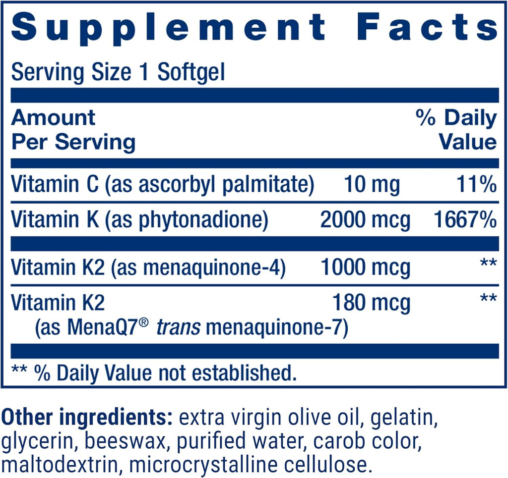 Life Extension Super K, Vitamin K Supplement, 2000 Mcg Vitamin K and 1180 Mcg Vitamin K2, Heart Health, Once-Daily, 90 Softgels | Vitamin K1, K2 MK-7 & K2 MK-4 for Heart & Arterial Health and Calcium Balance; 3-Month Supply, 1 Daily, Gluten-Free & Non-GMO