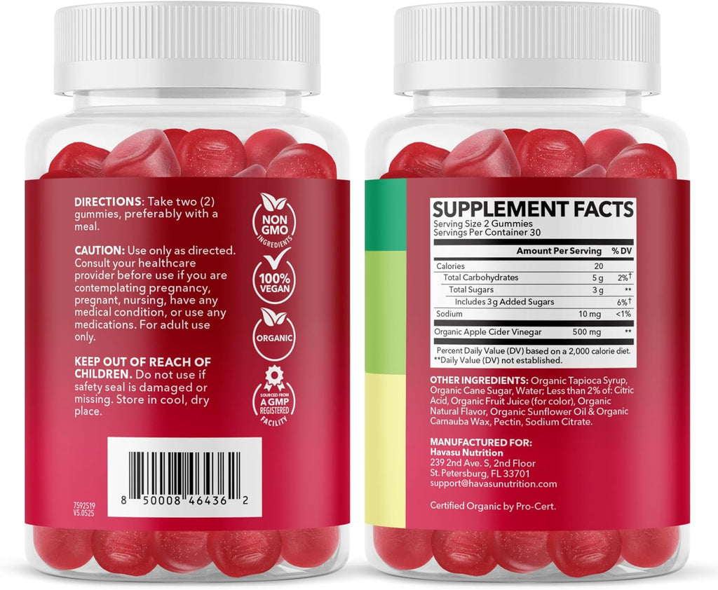 Apple Cider Vinegar Gummies, USDA Organic, Apple Flavor, 1-Month Supply | USDA Organic ACV Gummies for Digestive Health, Metabolism & Gut Support, Vegan, Gluten-Free, No Harsh Taste, 60ct