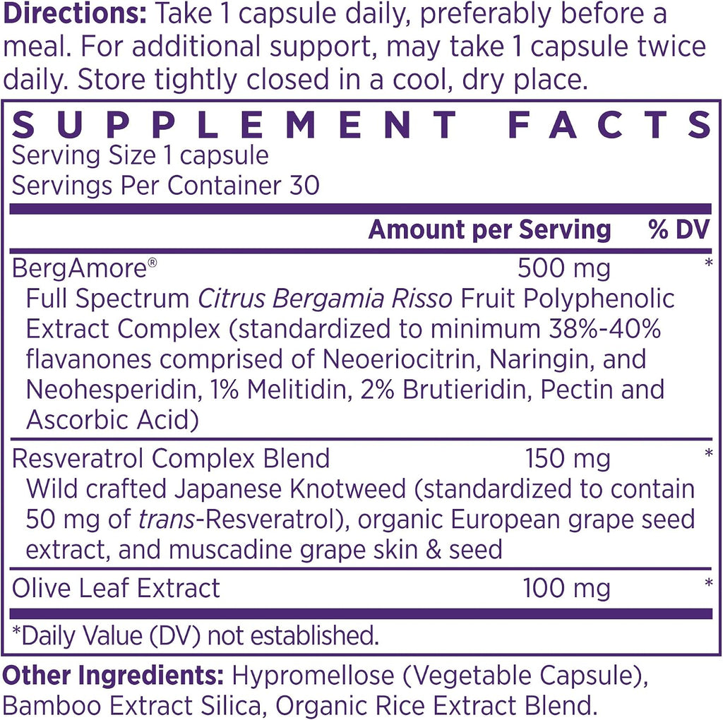 NAOMI Italian Citrus Bergamot 500mg with Resveratrol - Supports Healthy Cholesterol & Triglyceride Levels Already in Normal Range - Patented BergAmore® Extract, 7 Key Polyphenols, 30-Day Supply