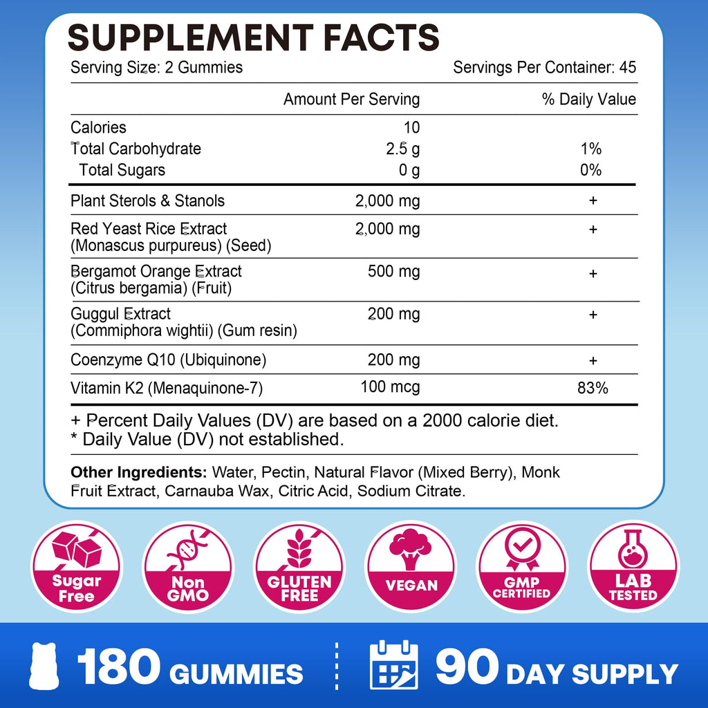 Cholesterol Lowering Supplements Gummies, Cholesterol Gummies with Plant Sterols & Stanols, Red Yeast Rice, Lower Cholesterol Naturally – Vegan, Non-GMO, Mixed Berry Flavor, 90Ct