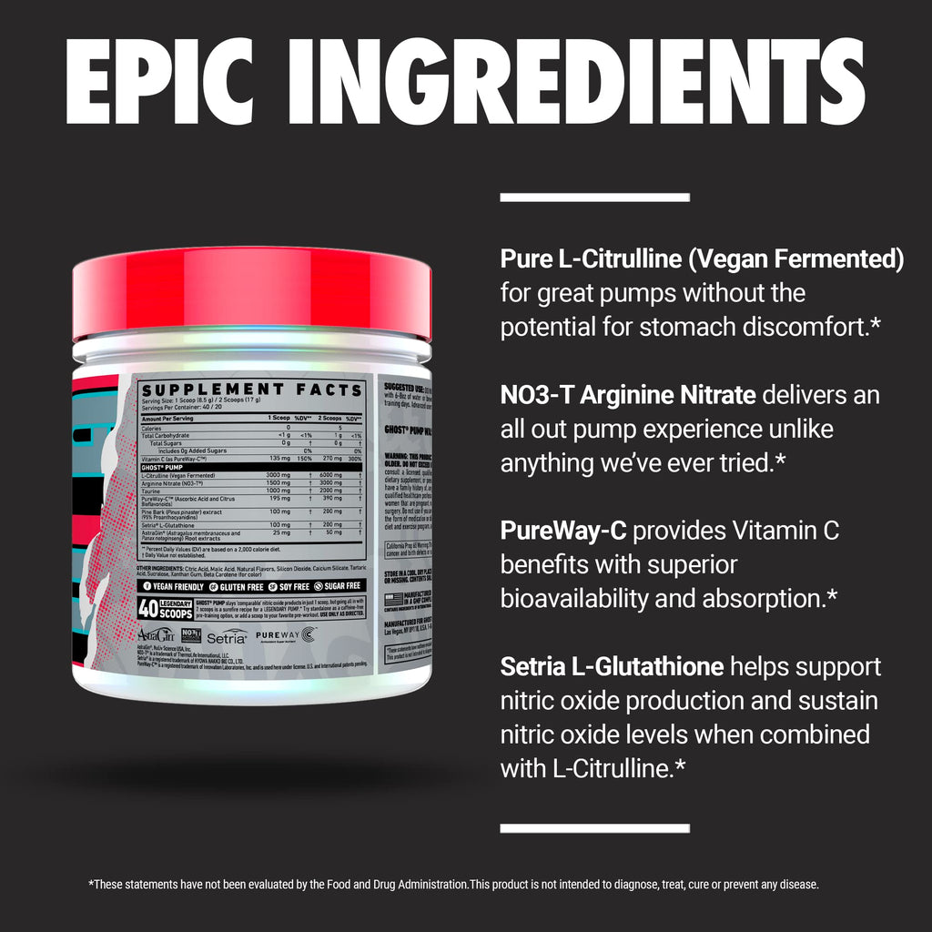 GHOST Pump Nitric Oxide Powder, Warheads Sour Watermelon - 40 Servings - Sugar & Stim-Free Pre-Workout Supplements- L-Citrulline, Arginine Nitrate & L-Glutathione - Soy & Gluten-Free, Vegan