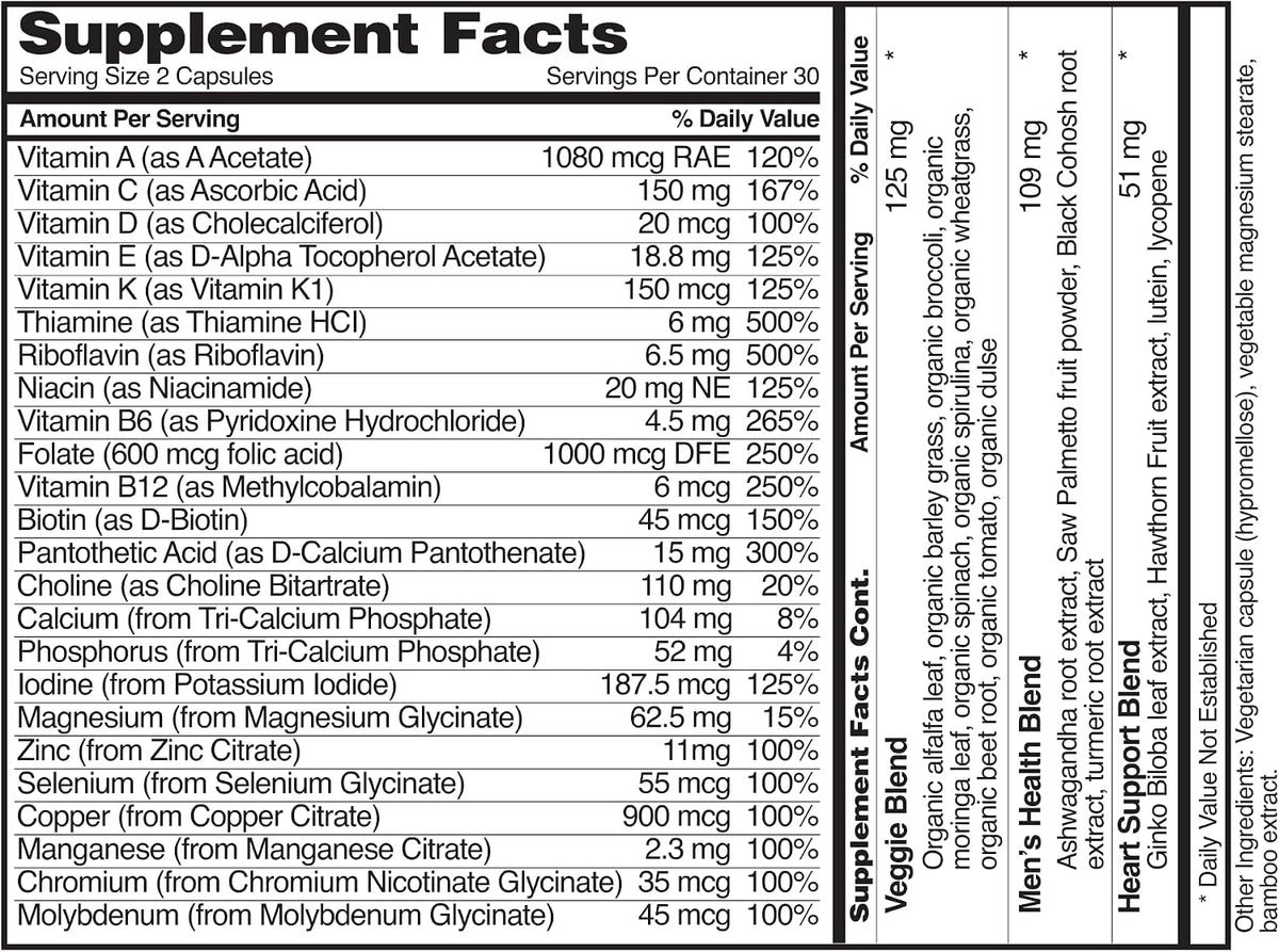 Snap Supplements Men's Daily Multivitamins, 60 Capsules, 30-Day Supply | Daily Vitamins & Minerals for Men - Vitamin D, B12, Zinc, Herbs & Vitamin C for Energy & Immune Support, Multivitamin for Men