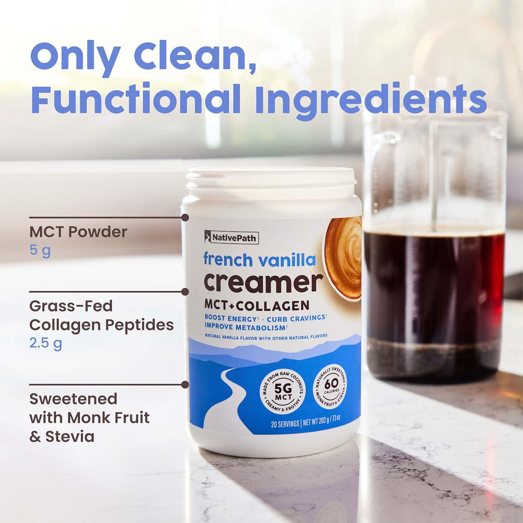NativePath Keto Creamer, French Vanilla, Collagen & MCT, 20 Servings | Sugar-Free, Monk Fruit Sweetened, Non-Dairy & Creamy, Supports Skin, Hair & Nails, Low-Carb Friendly