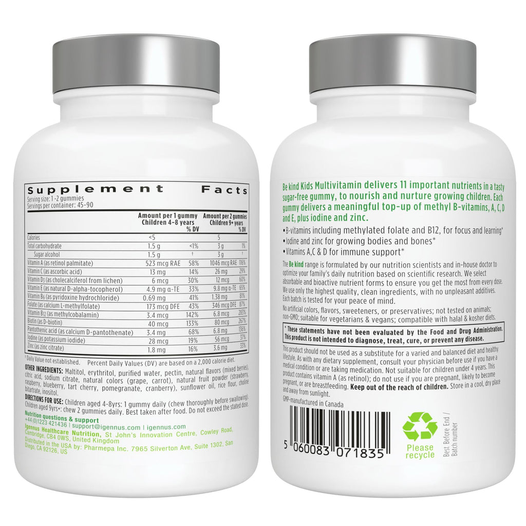 Igennus Methylated Kids Multivitamin Gummies, Age 4+, 90 Gummies | Clean Label & Third Party Tested, No Artificial Sweeteners or Flavors, Sugar Free, Natural Berry Flavor, Non-GMO, Halal