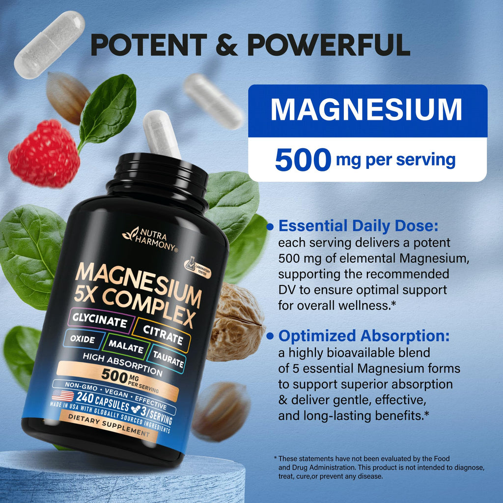 Magnesium Supplement - 5 in 1 Complex | Glycinate | Citrate | Malate | Taurate | Oxide - for Women & Men - Stress, Muscle & Heart Support - Vegan, Natural, Non-GMO - 180 Capsules, 2 Month Supply