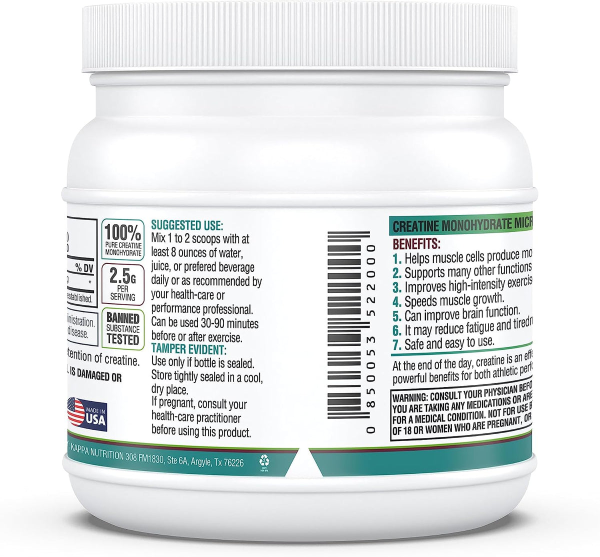 Kappa Nutrition Creatine Monohydrate Powder, Pure Amino Acid Formula, Supports Muscle Strength, Cellular Energy & Mental Focus* Gluten-Free, Keto, 2.25g per Scoop, 240 Servings, Net Wt. 1.32 LB (600g)