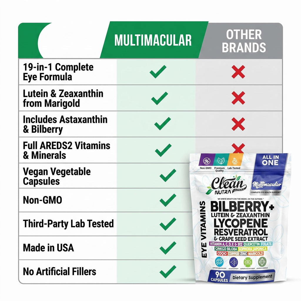 Clean Nutra Eye Vitamins with Bilberry Lutein and Zeaxanthin Supplements Lycopene 40mg Resveratrol Grape Seed Astaxanthin for Eyes - Eye Care Health Support Eye Vitamin and Mineral Supplement