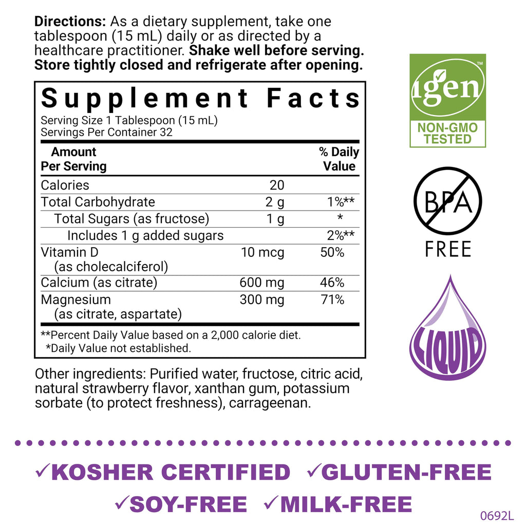 Bluebonnet Nutrition Liquid Calcium Citrate, Magnesium, Vitamin D3, Bone Health, Gluten Free, Soy Free, Milk Free, Kosher, 16 fl oz, 32 Servings, Mixed Berry Flavor