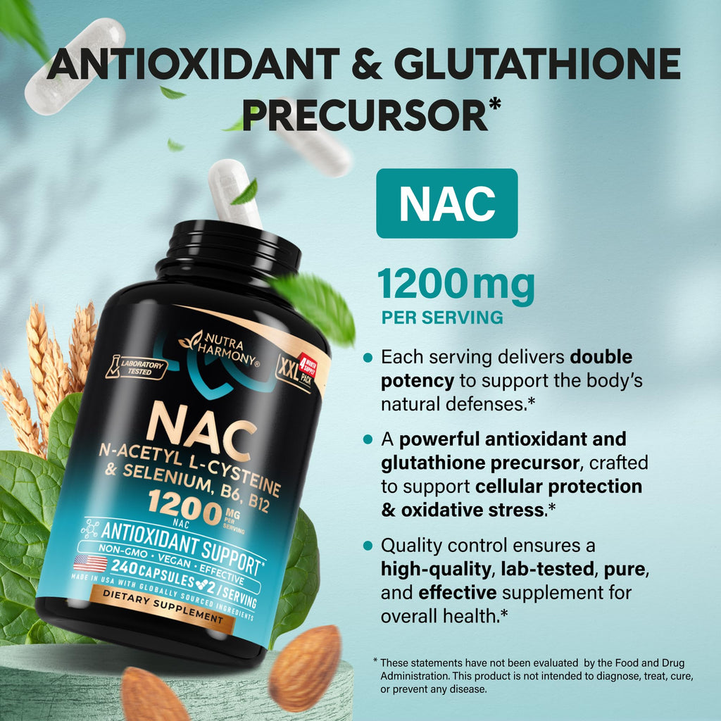 NAC Supplement | Selenium | B6 | B12 - Antioxidant, Immune Support - N Acetyl Cysteine 600 mg per Capsule, 1200 mg per Serving - Lab Tested - Non-GMO, Gluten-Free, Vegan - 120 caps, 2 Month Supply