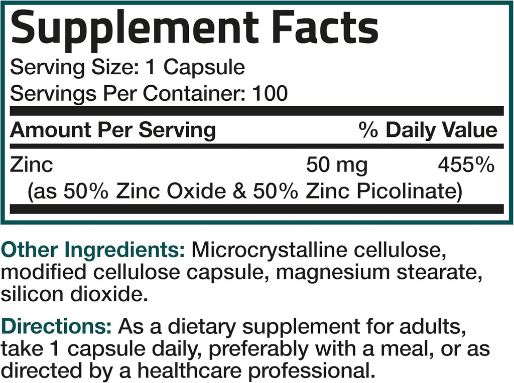 Bronson Zinc 50mg Complex High Potency Immune Support Supplement & Antioxidant and Skin Health - Non GMO, 100 Vegetarian Capsules