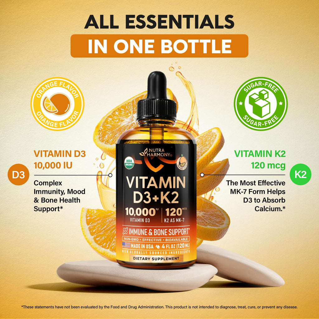 Vitamin D3 K2 USDA Organic Drops - Vitamin D3 10000 IU & K2 as MK-7 120mcg - Immune & Mood Support, Bone & Teeth Health - Sugar-Free, Orange Flavor - Liquid Supplement - 2 FL OZ, 60 Day Supply