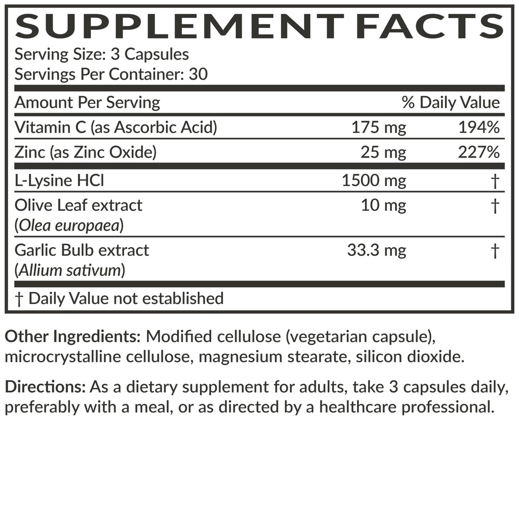Futurebiotics L-Lysine Defense Immune Support Complex 1500 MG Per Serving with Vitamin C, Zinc, Olive Leaf & Garlic - Non-GMO, 90 Vegetarian Capsules
