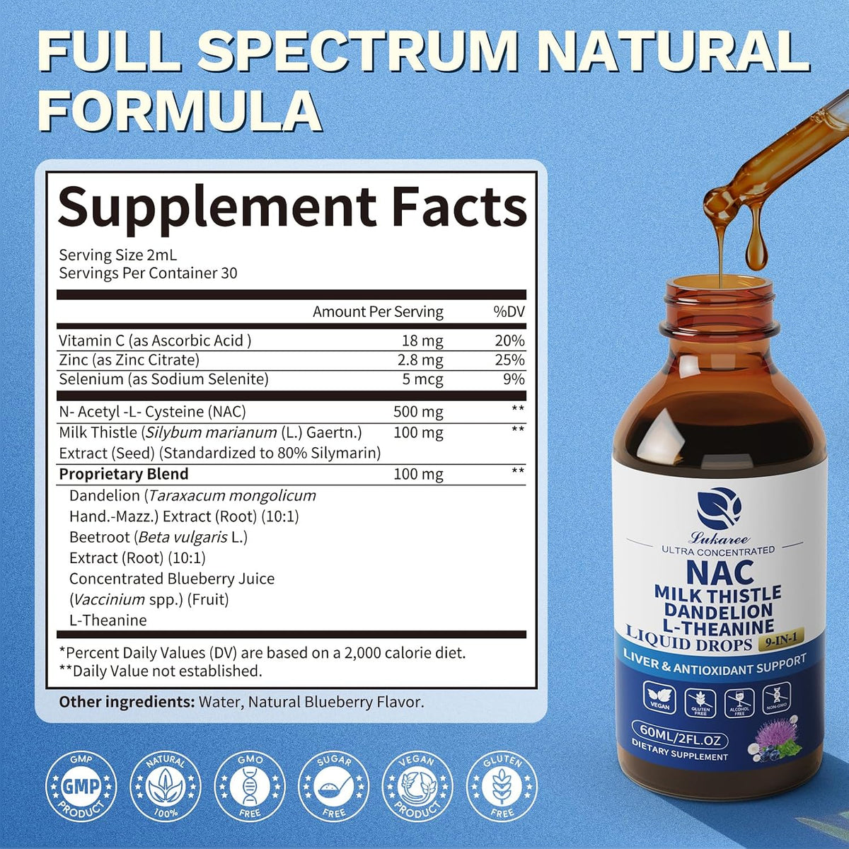 Lukaree Liposomal Liquid NAC 600mg Supplement for Liver Detox & Antioxidant | N-Acetyl-L-Cysteine Liquid Drops w/Milk Thistle & Selenium for Detox Support & Immune Support* - Ultra-Concentrated -2oz