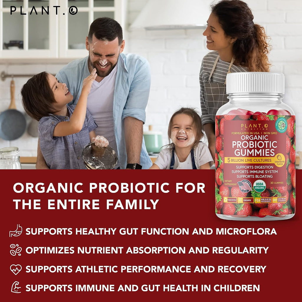 Plant.O Organic Probiotic Gummies for Women, Men & Kids [5 Billion CFUs USDA Certified] Help Support Digestion, Bloating, Constipation & Immune System, Strawberry Flavor, 30 Chewable Probiotics