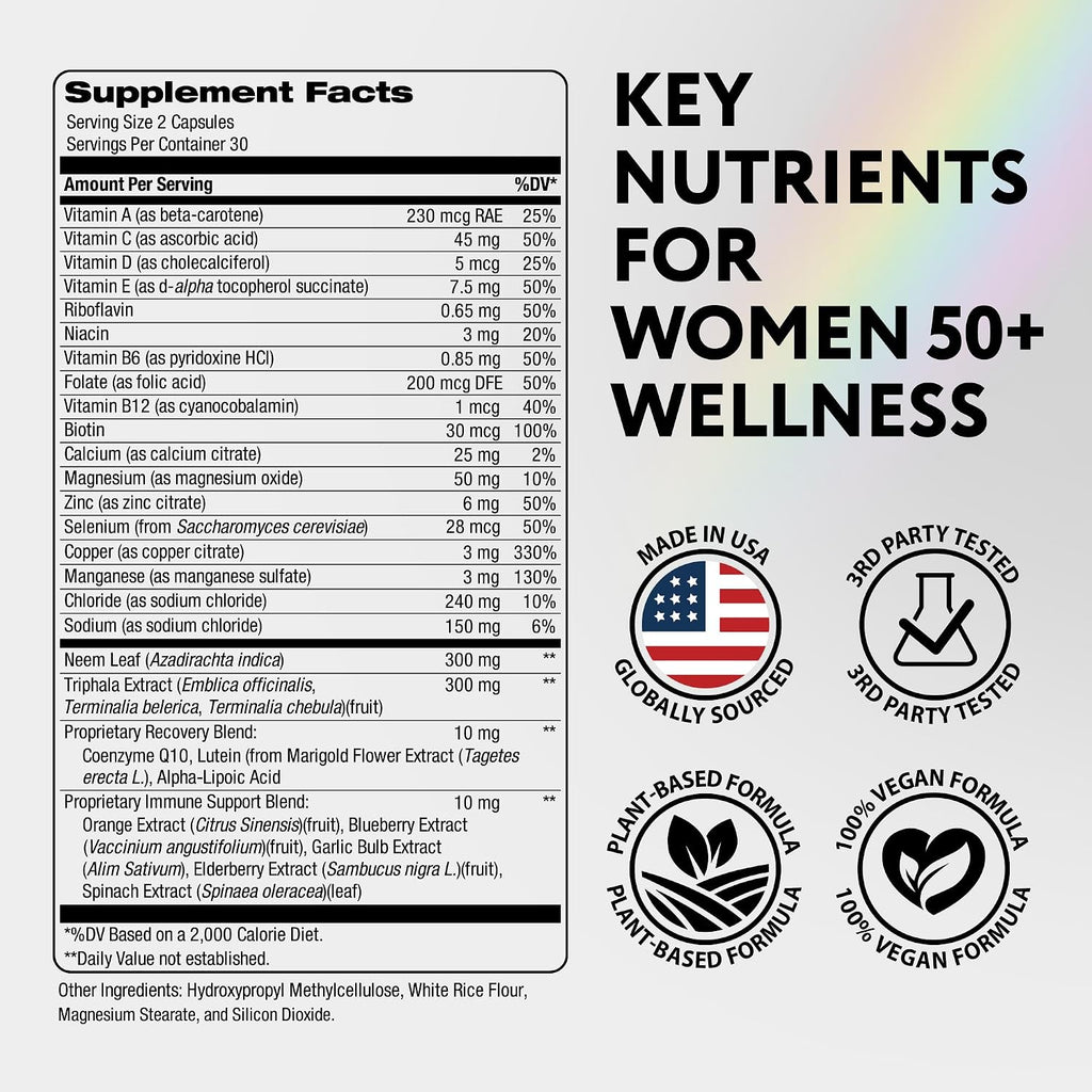 Multivitamin for Women 50 and Over - Once Daily Womens Multivitamin with Lutein & CoQ10 - Vegan, Iron Free Vitamins for Women 50 Plus - Daily Wellness, Bone & Immune Support - USA Made - 60 Capsules