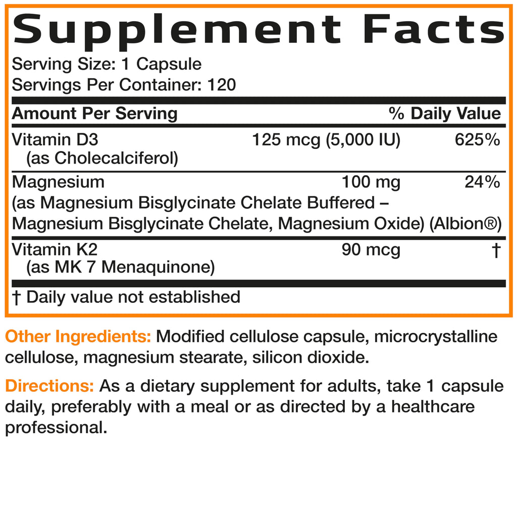 Bronson Vitamin K2+D3 Magnesium Glycinate Supplement, 60 Capsules | 3-in-1 Bone & Heart Health Support Formula, Non-GMO, Gluten Free, Soy Free
