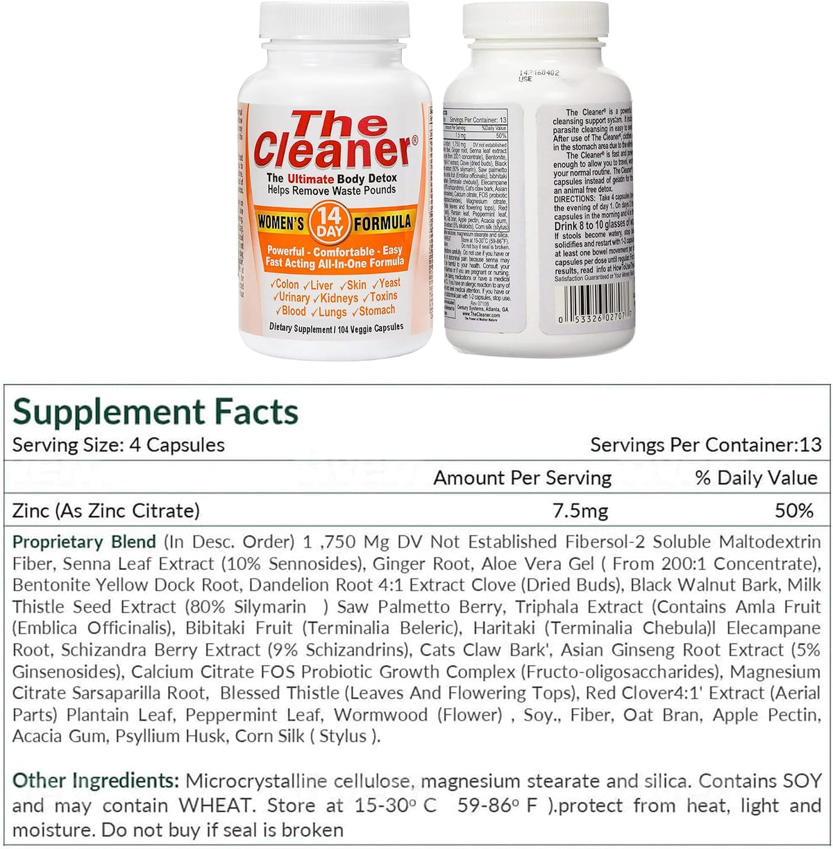 Century Systems The Cleaner Detox, Powerful 14-Day Complete Internal Cleansing Formula for Women, Support Digestive Health, 104 Vegetarian Capsules