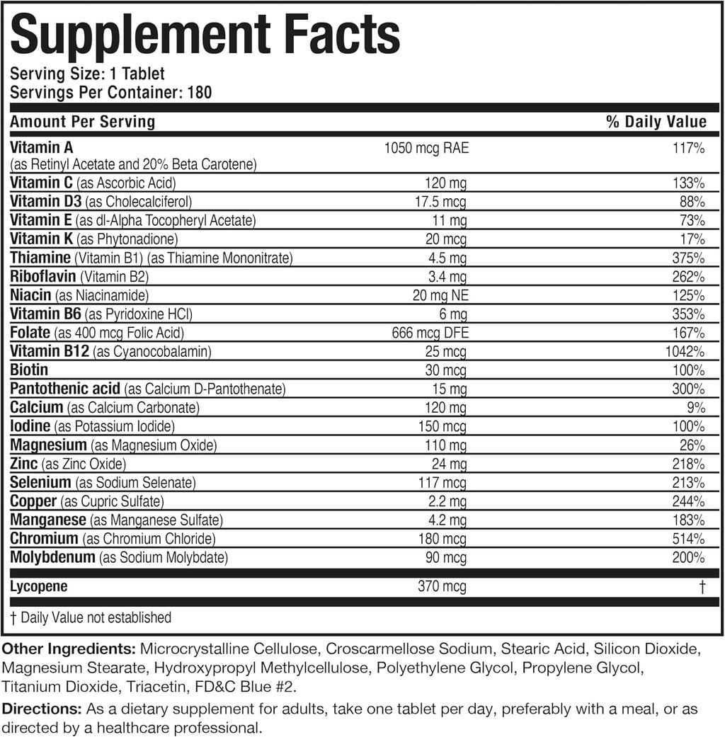 Bronson ONE Daily Mens 50+ Complete Multivitamin Multimineral, 180 Tablets | Once-Daily, Targeted Nutrition For Active Men Over 50, Non-GMO, Gluten-Free, Soy-Free