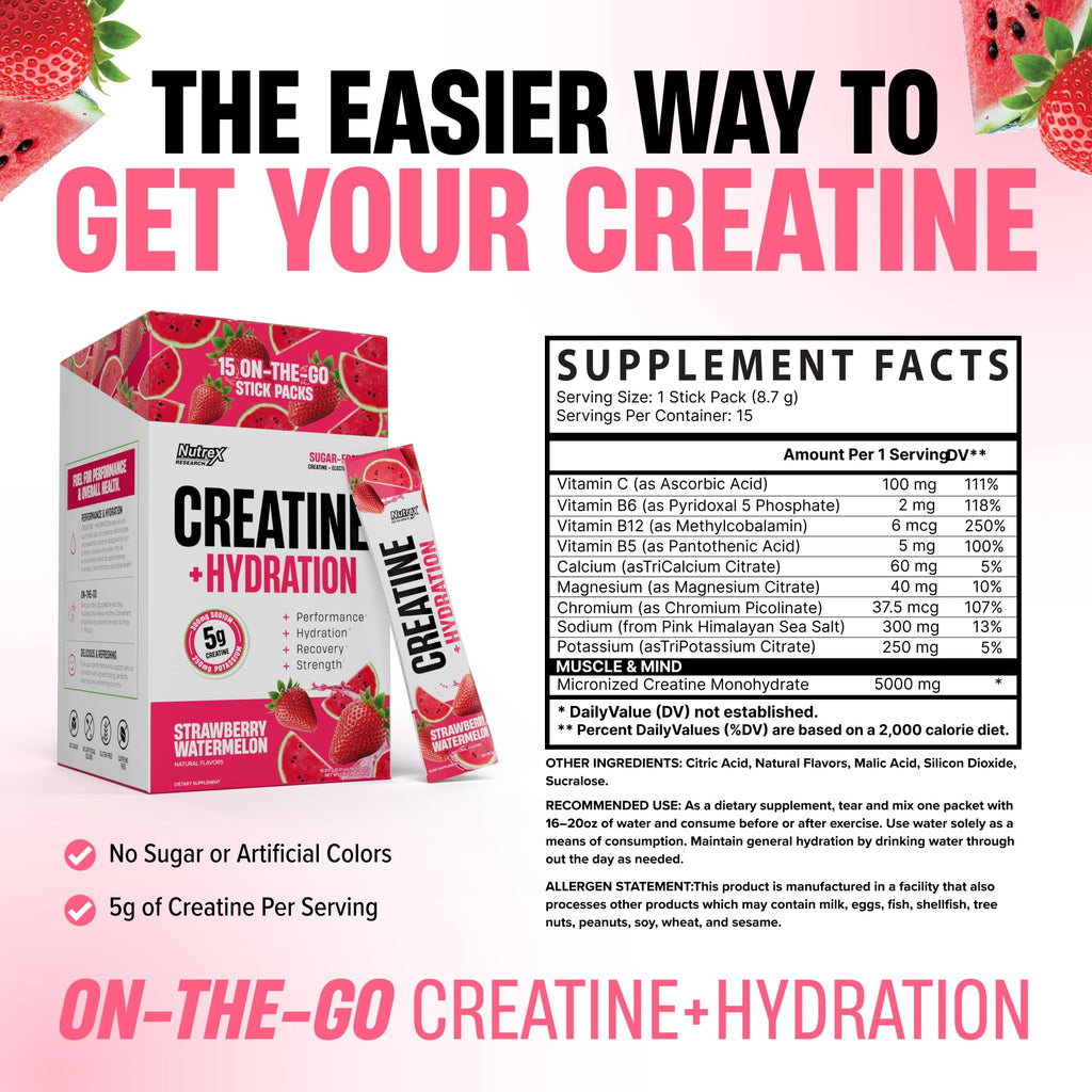 Nutrex Research Essentials Creatine + Hydration Stick Packs, 5g Creatine + Electrolytes, Sugar Free, Gluten Free, Strawberry Watermelon, 15 On-The-Go Stick Packs