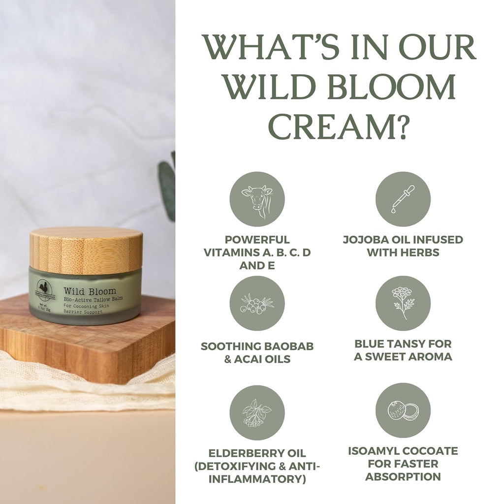 Hearth and Homestead: Handmade Wild Bloom Bio-Active Tallow Face Balm/Cream with Blue Tansy - Hydrate, Nourish, and Protect Skin - .7 oz