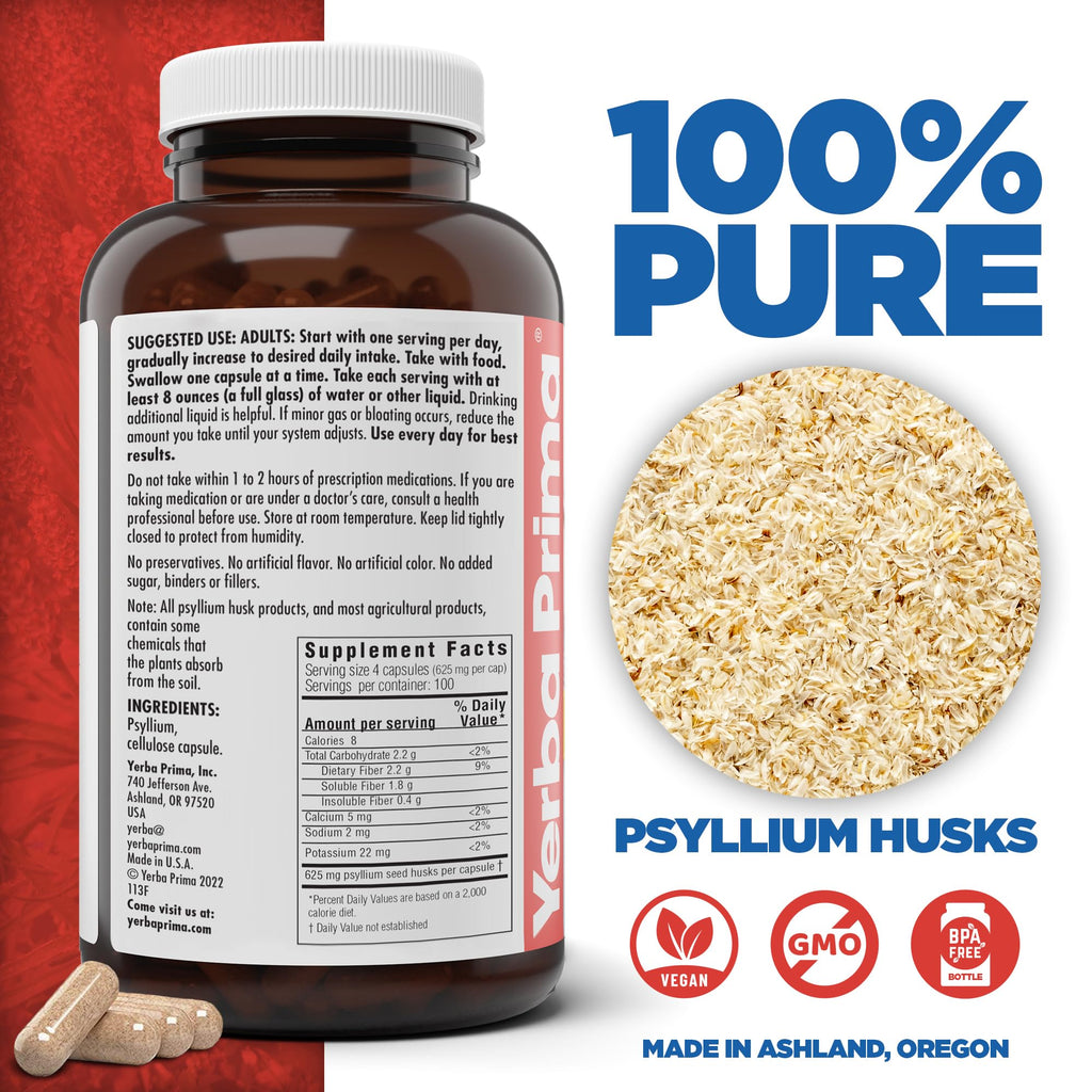 Yerba Prima Psyllium Husks Veg Caps, 400 Capsules (625mg) - Vegan, Non-GMO, Gluten Free, Colon Cleanser, Daily Fiber Supplement for Gut Health & Regularity