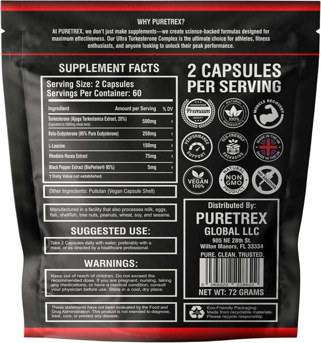 Ultra Turkesterone Complex for Men, 5000mg Herbal Equivalent, 120 Vegan Capsules, Beta Ecdysterone, L-Leucine, Rhodiola Rosea, BioPerine Black Pepper, Strength Endurance and Lean Muscle