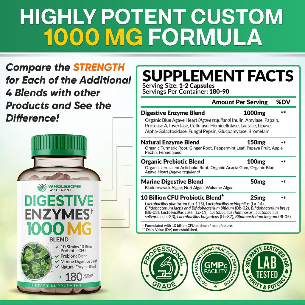 Wholesome Wellness Digestive Enzymes 1000MG Plus Prebiotics & Probiotics + Liposomal Vitamin C Capsules (200 Pills 1500mg Buffered) Bundle