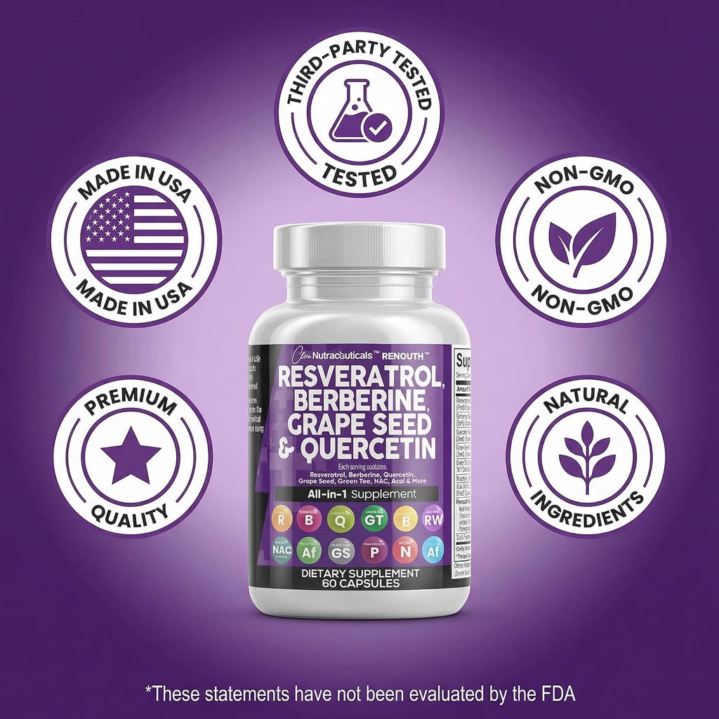 Clean Resveratrol Supplement | Berberine Grape Seed Extract Quercetin Green Tea Extract Acai Noni Polyphenol Supplement for Women & Men N-Acetyl Cysteine
