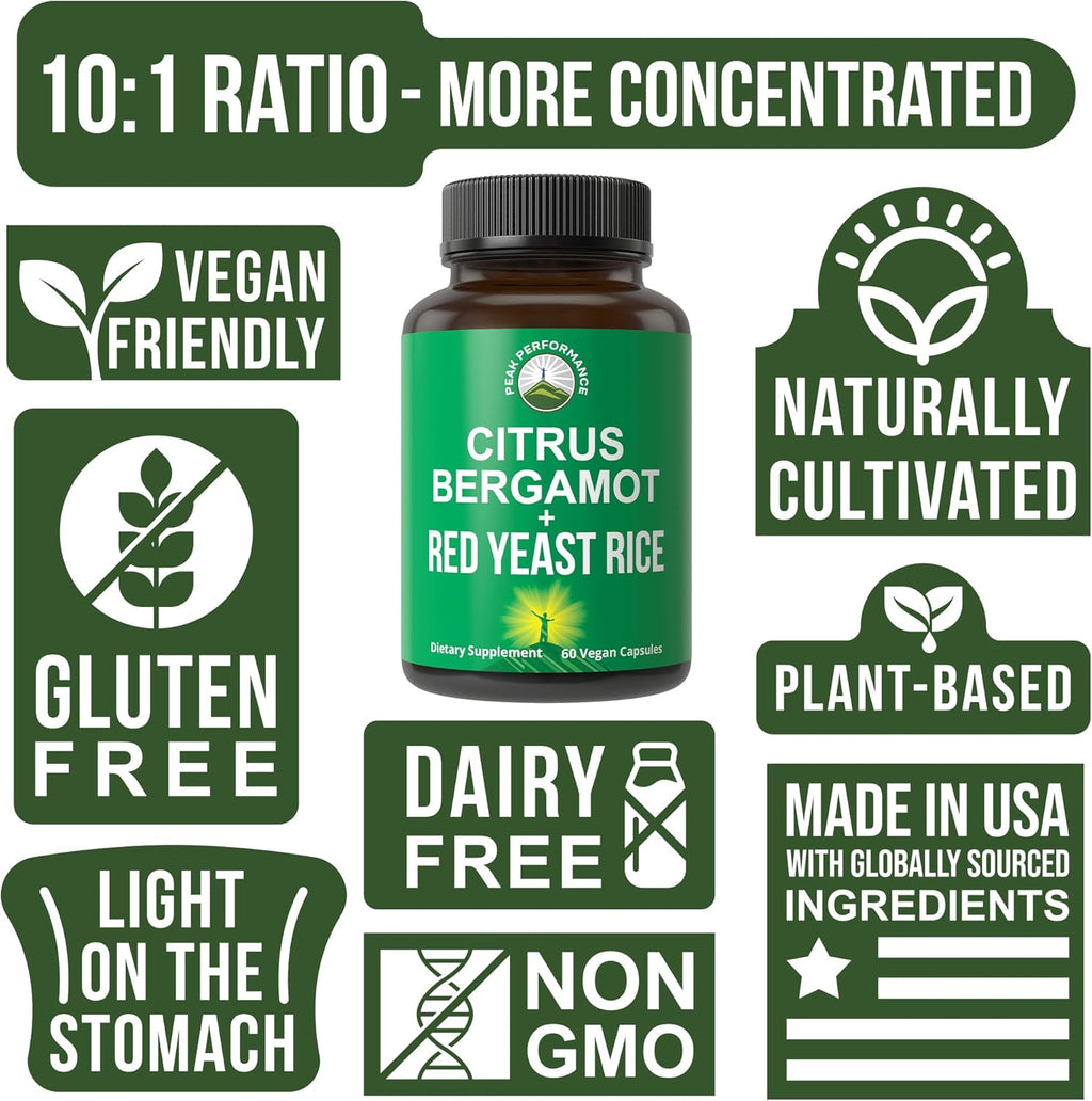 Peak Performance Citrus Bergamot + Red Yeast Rice. 2-in-1 Supplement. High Strength 10:1 Bergamot Extract. No Gluten, Zero Sugar, Vegan Capsules