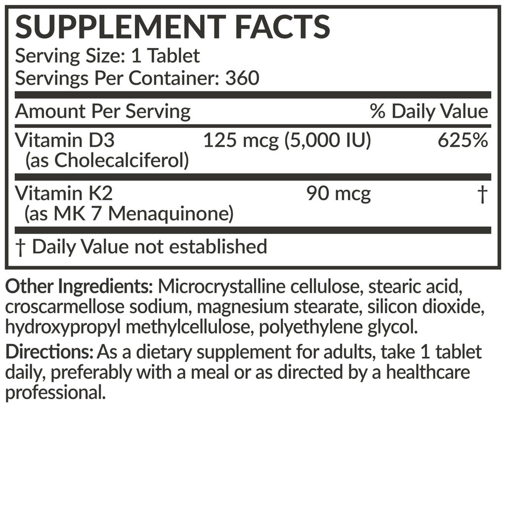 Futurebiotics Vitamin K2 with D3, 2 in 1 Support, 5000 IU Vitamin D3 & 90 mcg Vitamin K2 MK-7 Non-GMO, 120 Tablets