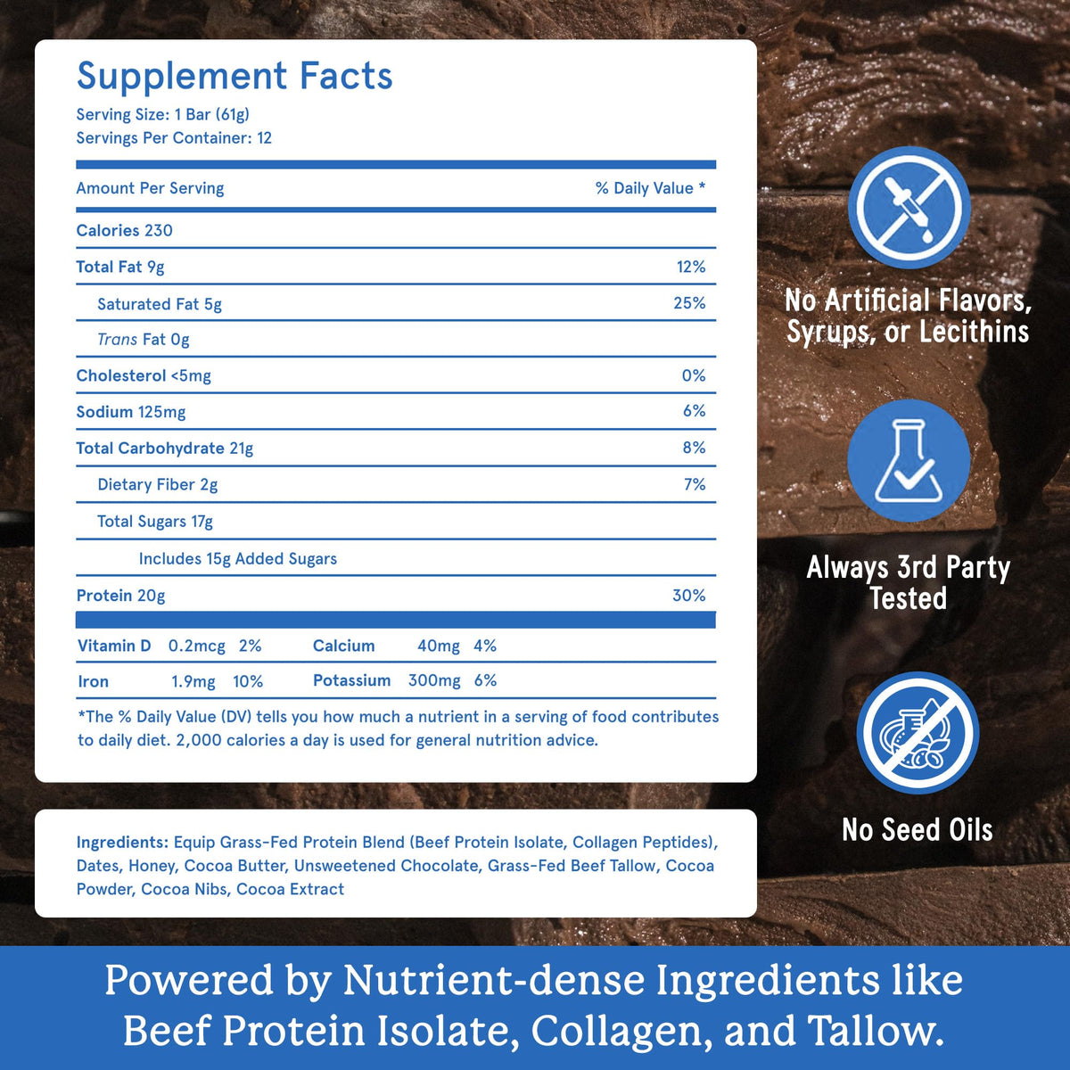 Equip Foods High Protein Prime Bars – Grass Fed Beef Protein, Collagen & Tallow – Gut Friendly, Gluten Free 20g Protein Bars - Only Real-Food Ingredients - Peanut Butter Chocolate, 12 Count