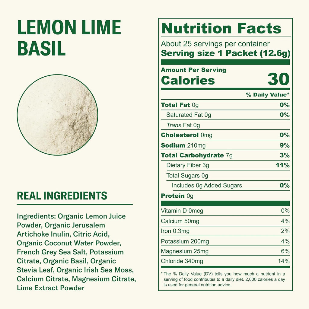 Ballerina Farm Farmer Hydrate Lemon Lime Basil Electrolyte Powder Packets | Travel Ready, Organic Coconut Water, Irish Sea Moss, French Sea Salt, 210mg Sodium, 25 Count
