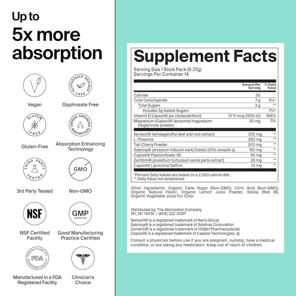 The Absorption Company Calm Powder - Magnesium Drink Mix Packets - 14PK | Vitamin-D,Cortisol Regulation for Men & Women, Mood Support with Ashwagandha & L-Theanine for Relaxation, Watermelon Lemonade