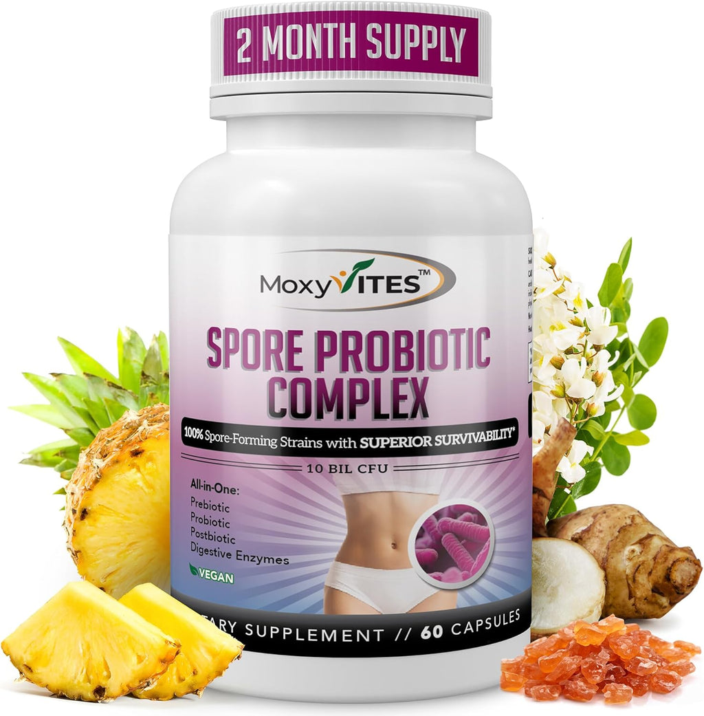 MoxyVites Spore Probiotic Complex - All In One Prebiotics and Probiotics for Digestive Health, Postbiotic, Digestive Enzymes Daily Supplement - Spore Based Probiotic for Women & Men