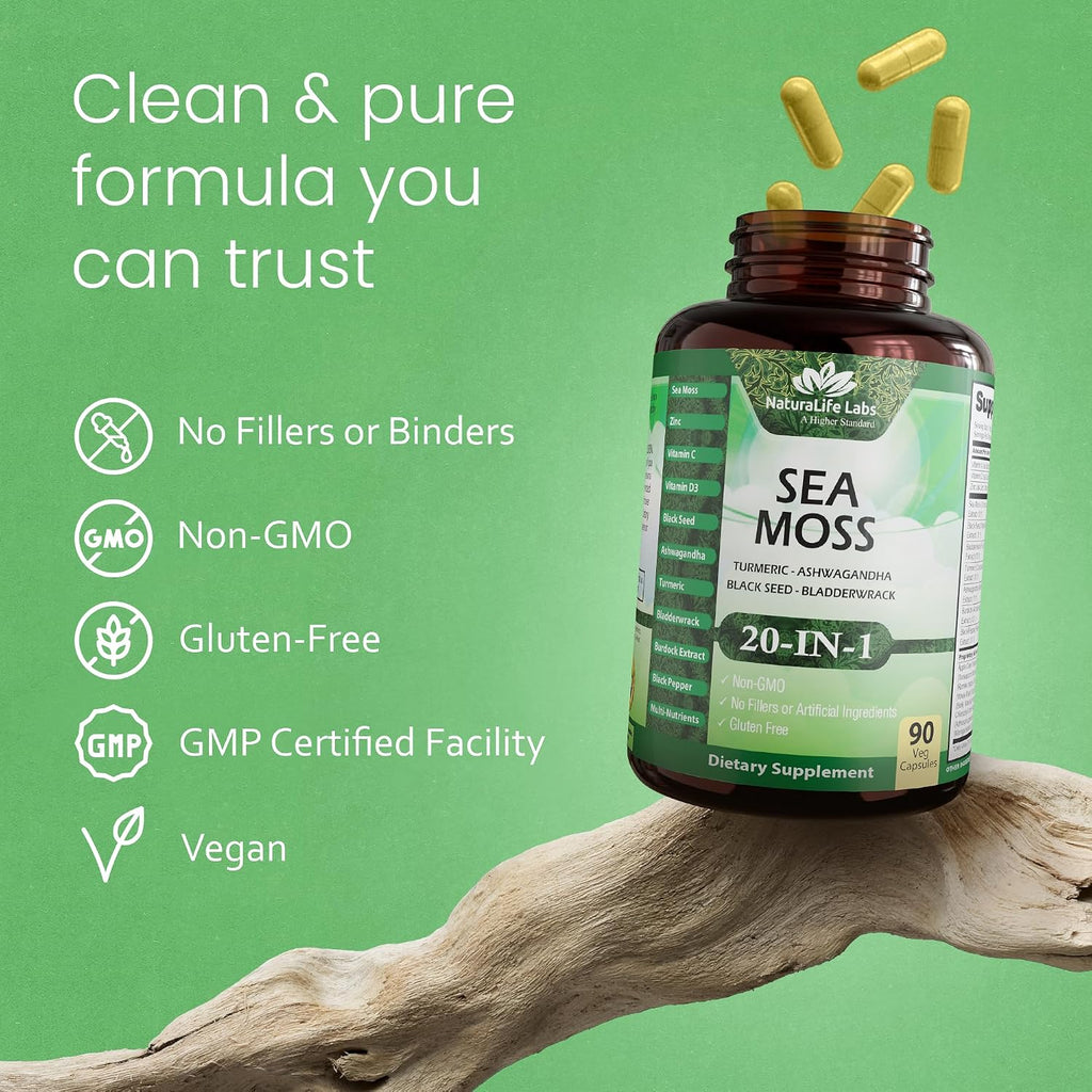 Sea Moss, Black Seed Oil, Bladderwrack, Turmeric, Ashwagandha, Burdock, Vitamin C, D3, Yellow Dock Root, Manuka, Dandelion - 90 Veggie caps