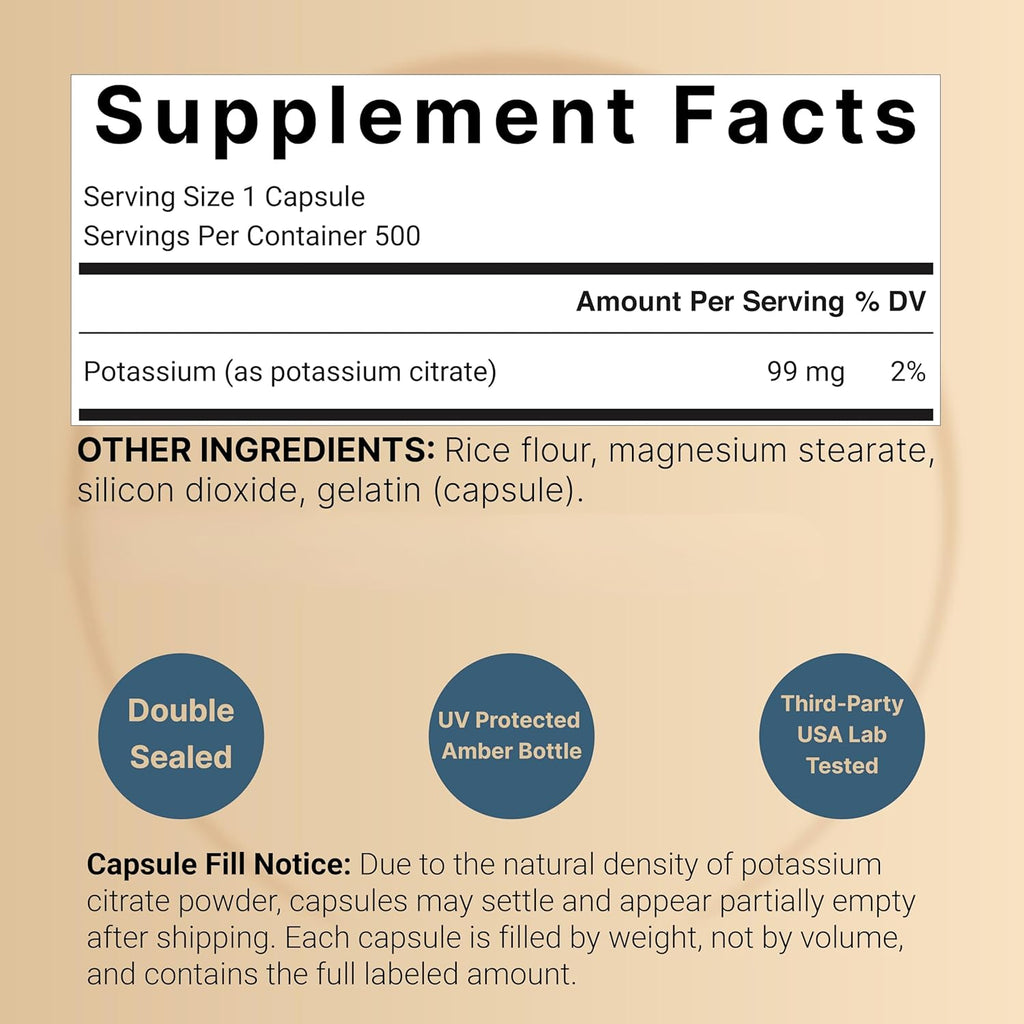 NatureBell Potassium Citrate 99mg, 500 Capsules - Chelated Mineral Supplements - Non-GMO, Gluten Free