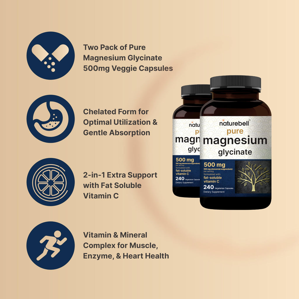 NatureBell Pure Magnesium Glycinate 500mg Per Serving, 240 Veggie Capsules | 100% Chelated & Purified Magnesium Supplement for Women & Men. 3rd Party Tested, Vegan Friendly, Non-GMO, Filler Free.