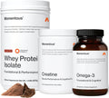 Momentous Three - Creatine Monohydrate Powder (90 Servings), Grass-Fed Whey Protein Powder (Chocolate) & Omega-3 Fish Oil 1600mg - Daily Essentials for Strength, Performance & Lean Muscle Recovery